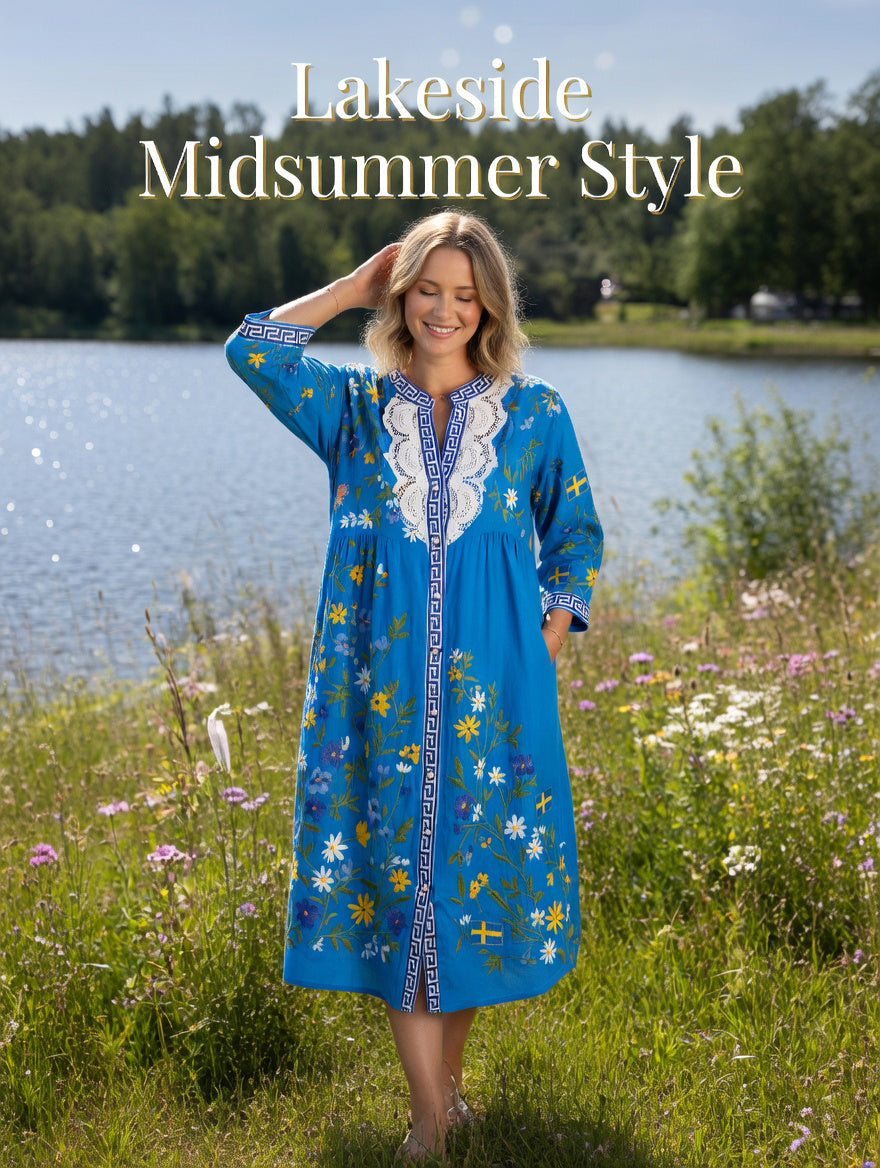 Kvinnors Vintage midsommar Floral Art Print Casual Cotton-Linen Klänning