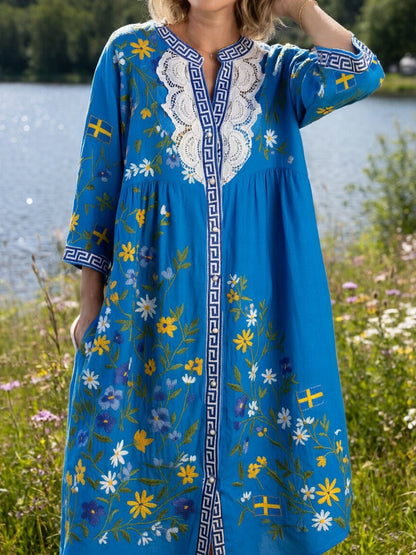 Kvinnors Vintage midsommar Floral Art Print Casual Cotton-Linen Klänning