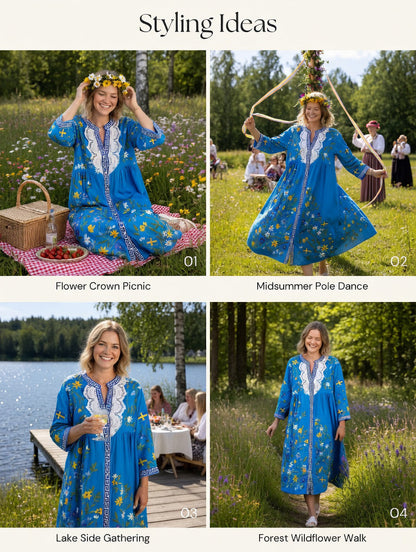 Kvinnors Vintage midsommar Floral Art Print Casual Cotton-Linen Klänning