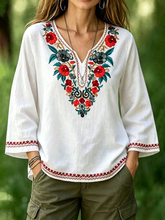 Women's retro Swedish midsummer folk style cotton-linen floral print blouse