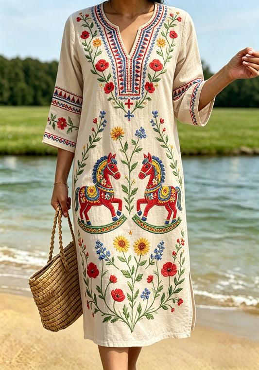 Women's Retro Swedish Midsummer Folk Style Floral Cotton-Linen Dress