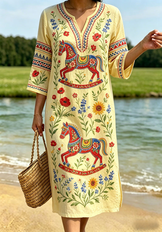 Women's Retro Swedish Midsummer Folk Floral Cotton-Linen Dress