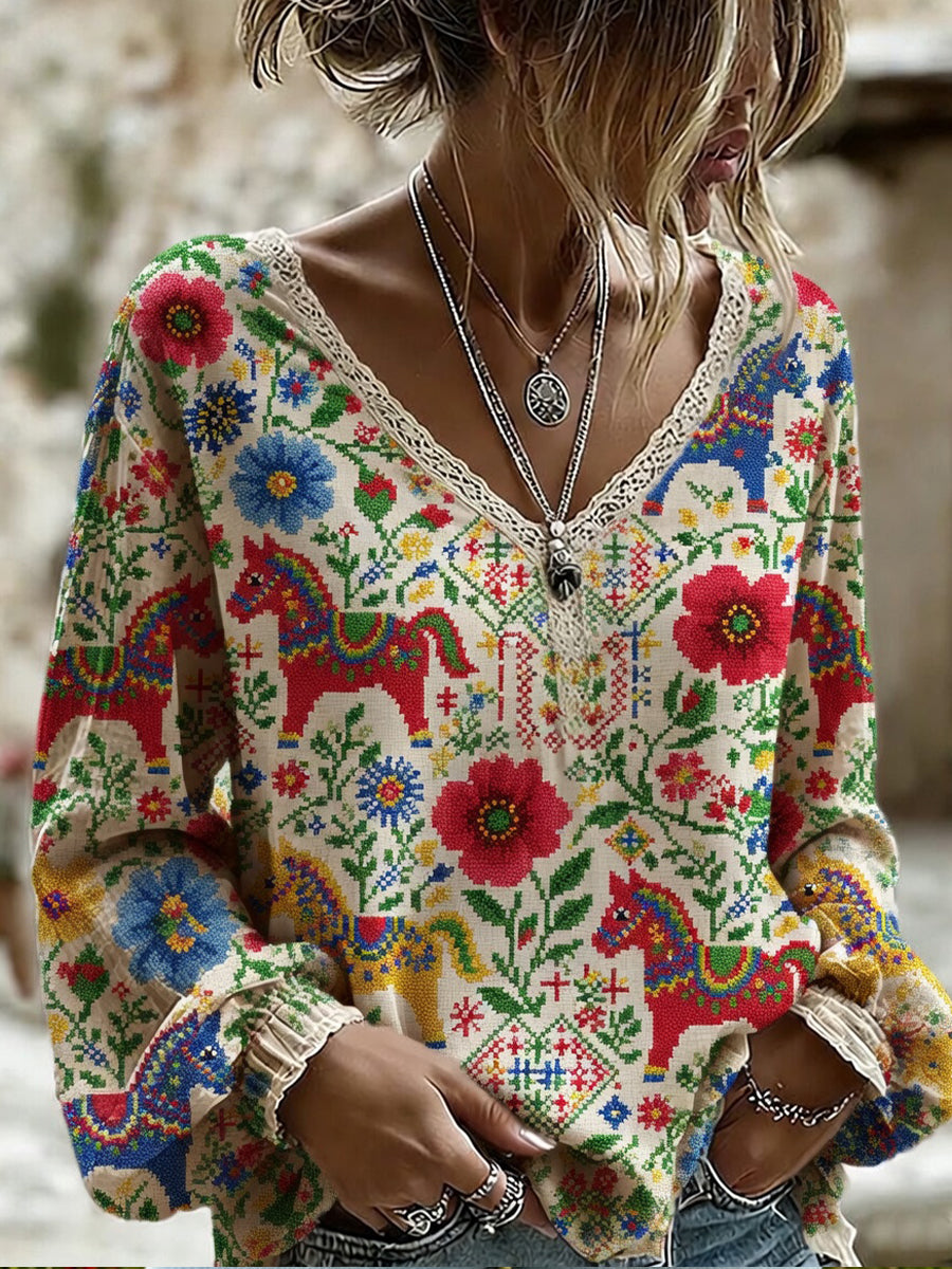 Women's Retro Midsummer Art Print Relaxed V-Neck Comfortable Cotton-Linen Top