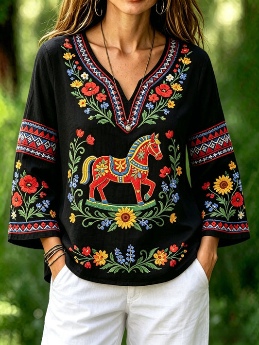 Women's retro Swedish midsummer folk style cotton-linen floral print blouse