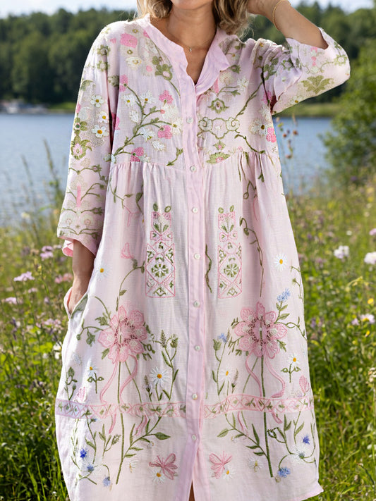 Women's Vintage Midsummer Floral Art Print Cotton Linen Loose Dress