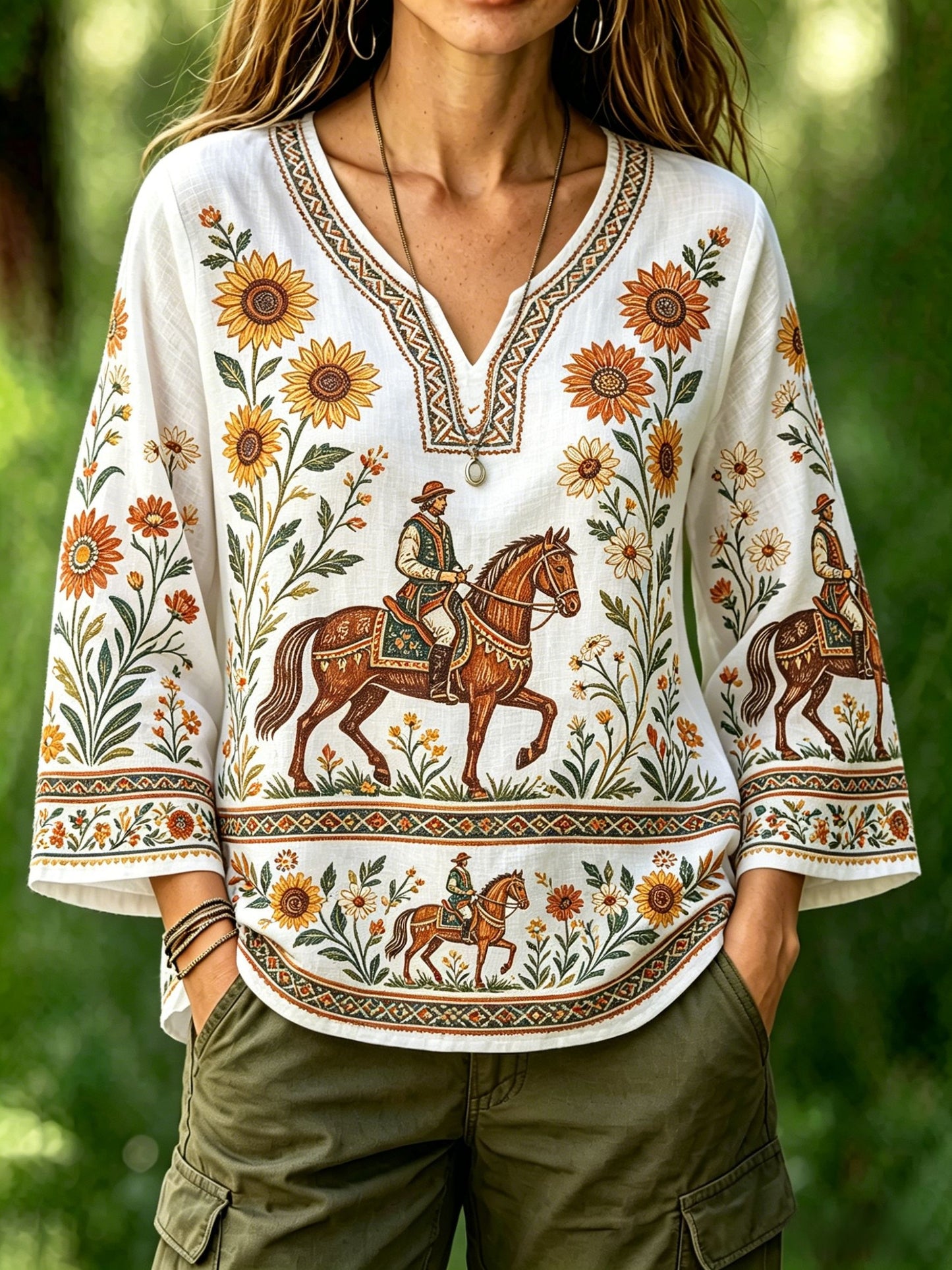 Dams retro svensk midsommarfolkstil blus i bomull-linne med blommönster