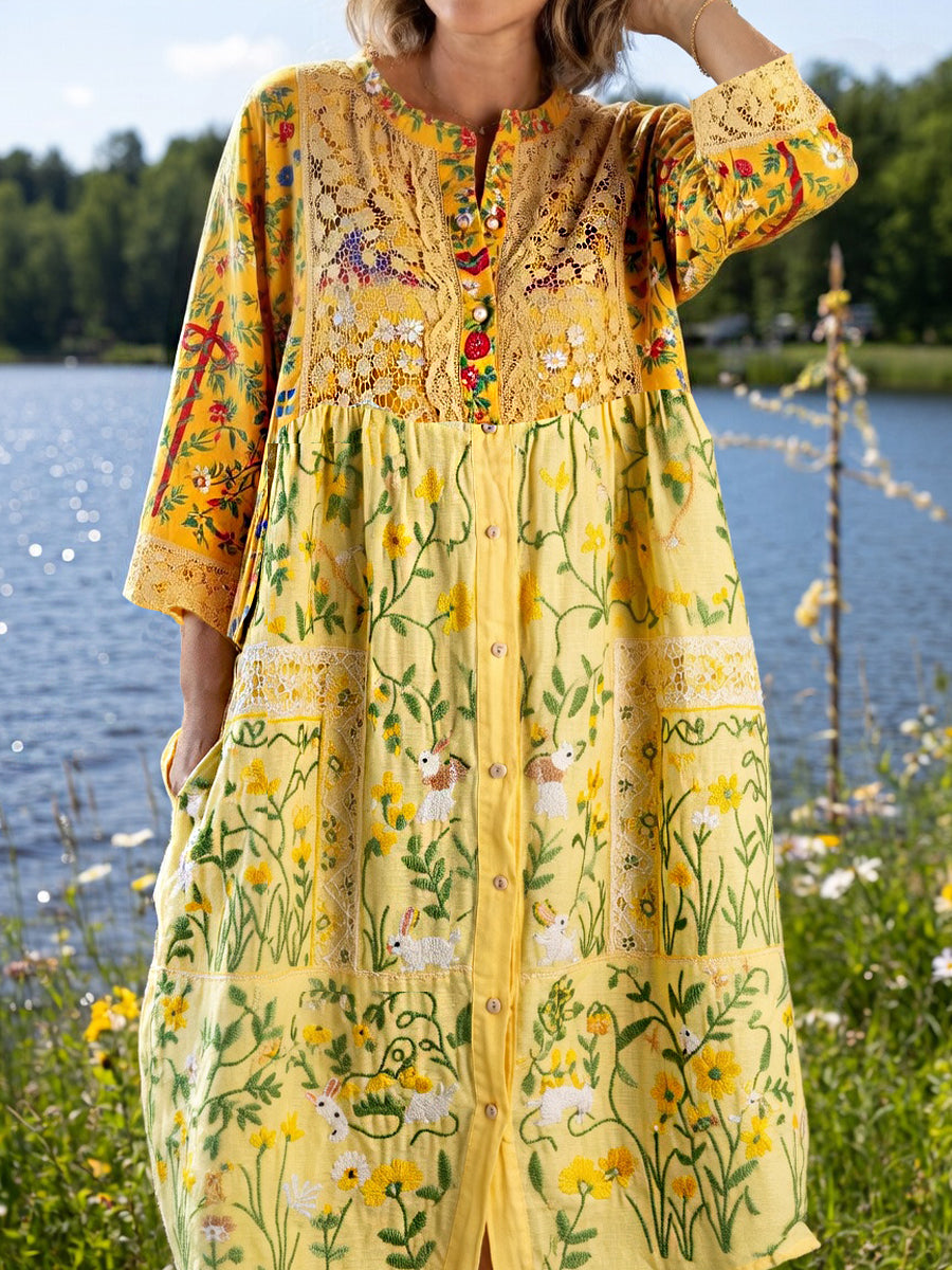 Damsvintage midsommarblommig konsttryckt ledig klänning i bomull-linntyg