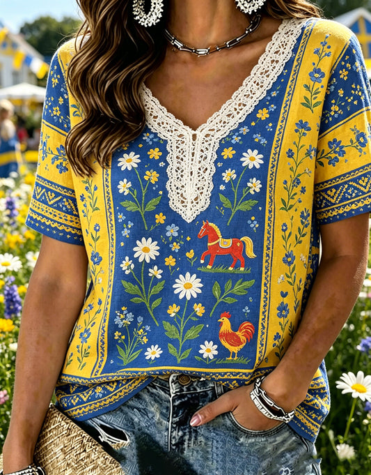 Women's Swedish Midsummer Festival Souvenir Art Print V-Neck T-Shirt