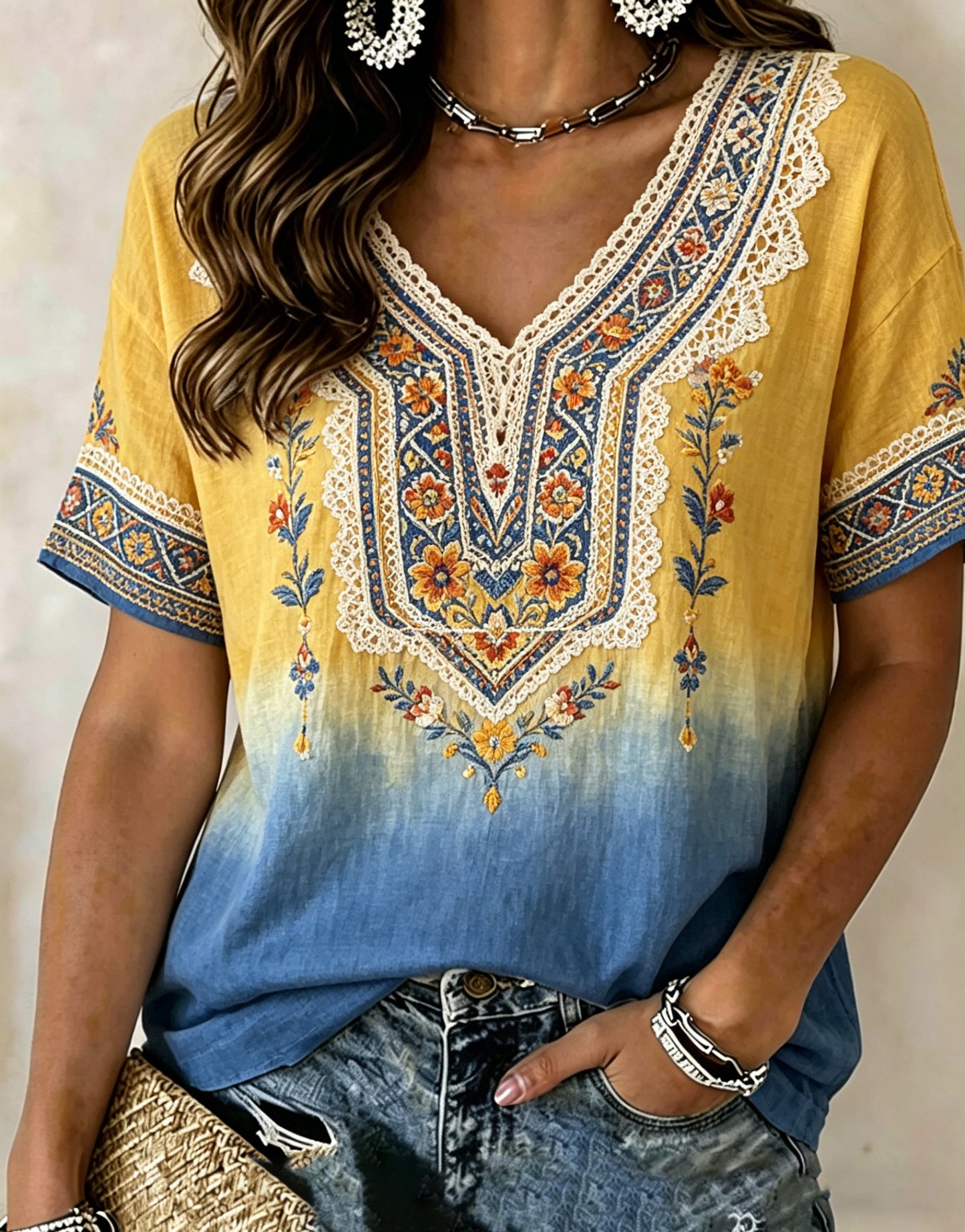 Women's Swedish Midsummer Festival Souvenir Art Print V-Neck T-Shirt