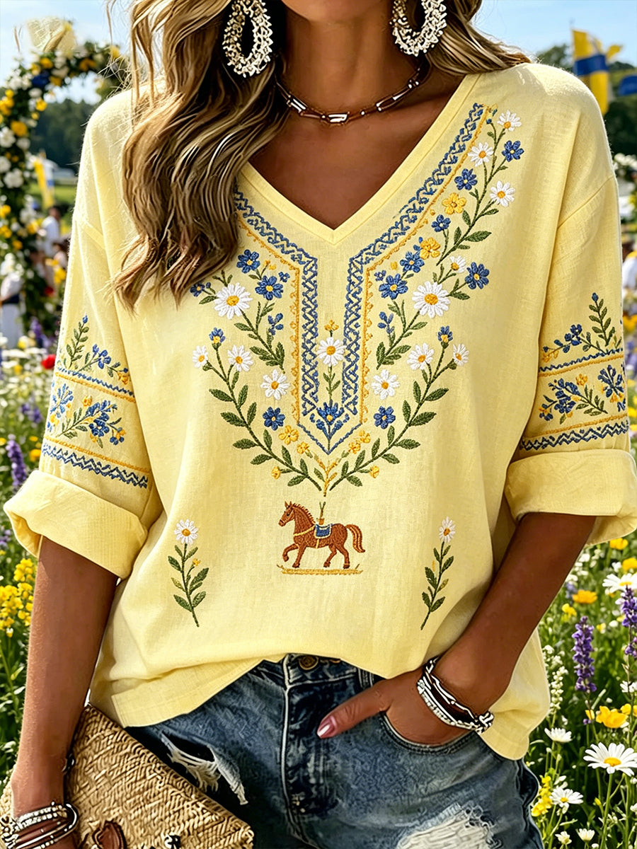 Women's Summer Floral Embroidered V-Neck Top