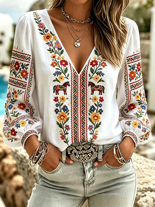 Women's Summer Blouse with V-neck and Puff Sleeves, Summer Party Theme