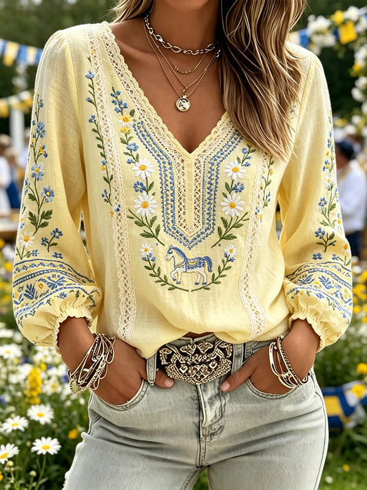 Women's summer blouse with V-neck and puff sleeves, summer party theme