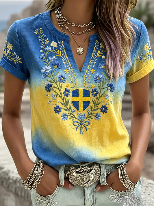 Ladies Retro Swedish Midsummer Floral Graduated Art V-Neck T-Shirt