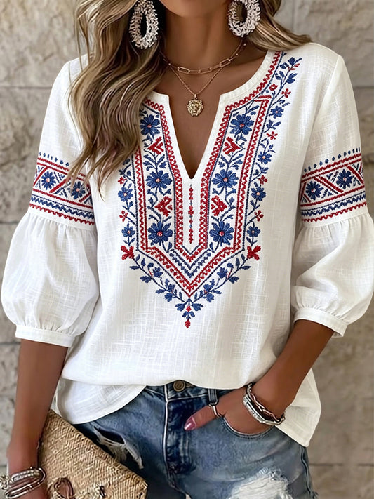 Women's retro artistic Swedish Midsummer floral ethnic style V-neck top