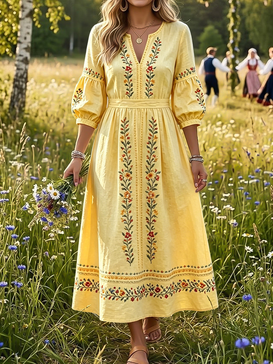 Ladies Retro Swedish Midsummer Floral Ethnic Style Dress