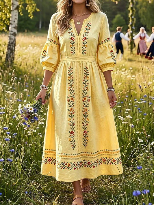 Ladies Retro Swedish Midsummer Floral Ethnic Style Dress