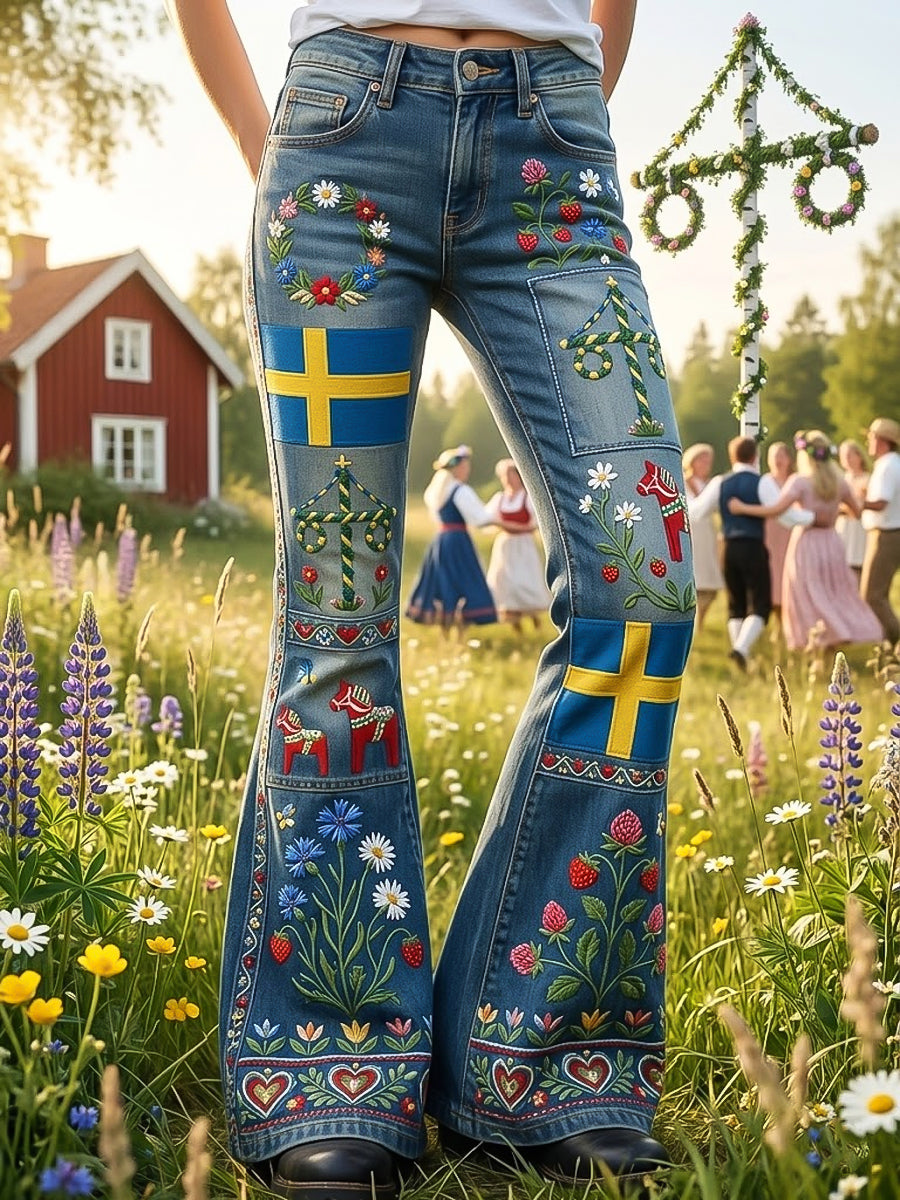 Women's Swedish Midsummer Floral Patchwork Style Casual Flare Pants