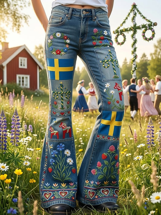 Women's Swedish Midsummer Floral Patchwork Style Casual Flare Pants