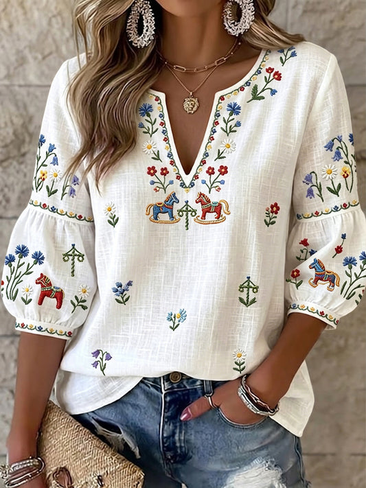 Women's Retro Swedish Midsummer Floral Carousel Art V-Neck Top