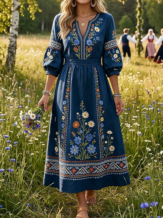 Women's vintage-style dress with Swedish Midsummer and ethnic floral pattern