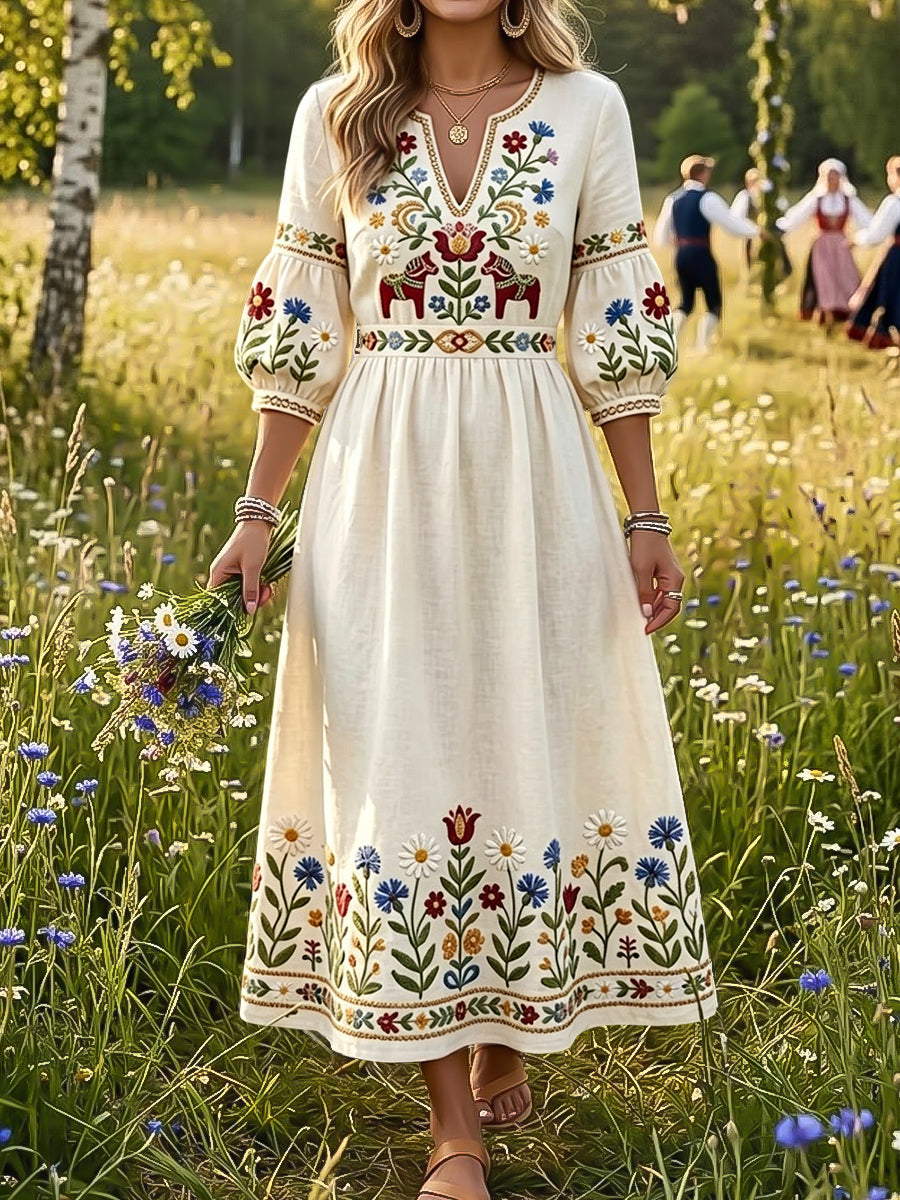 Women's vintage style swing dress with Swedish Midsummer and floral print