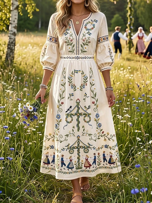Women's vintage-style swing dress with Swedish midsummer inspiration and floral motif