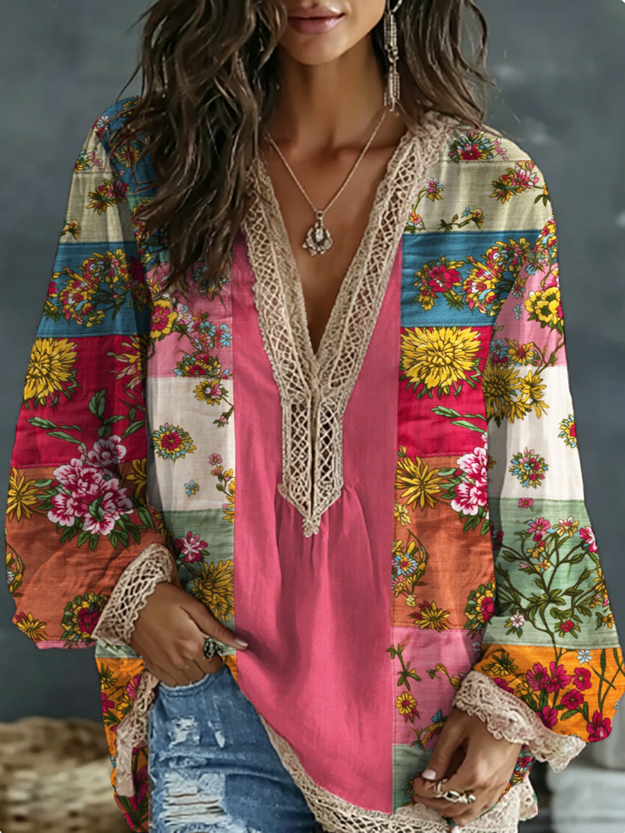 Women's Bohemian Style Shirt with Floral Embroidery, Contrast Colors, Linen Blend, V-Neck, and Long Sleeves