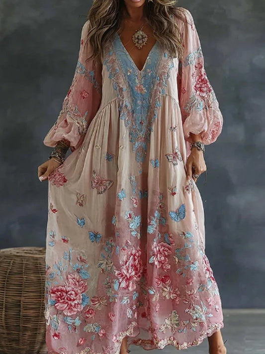 Women's flowing linen blend dress with floral and butterfly art print, casual V-neck, maxi length