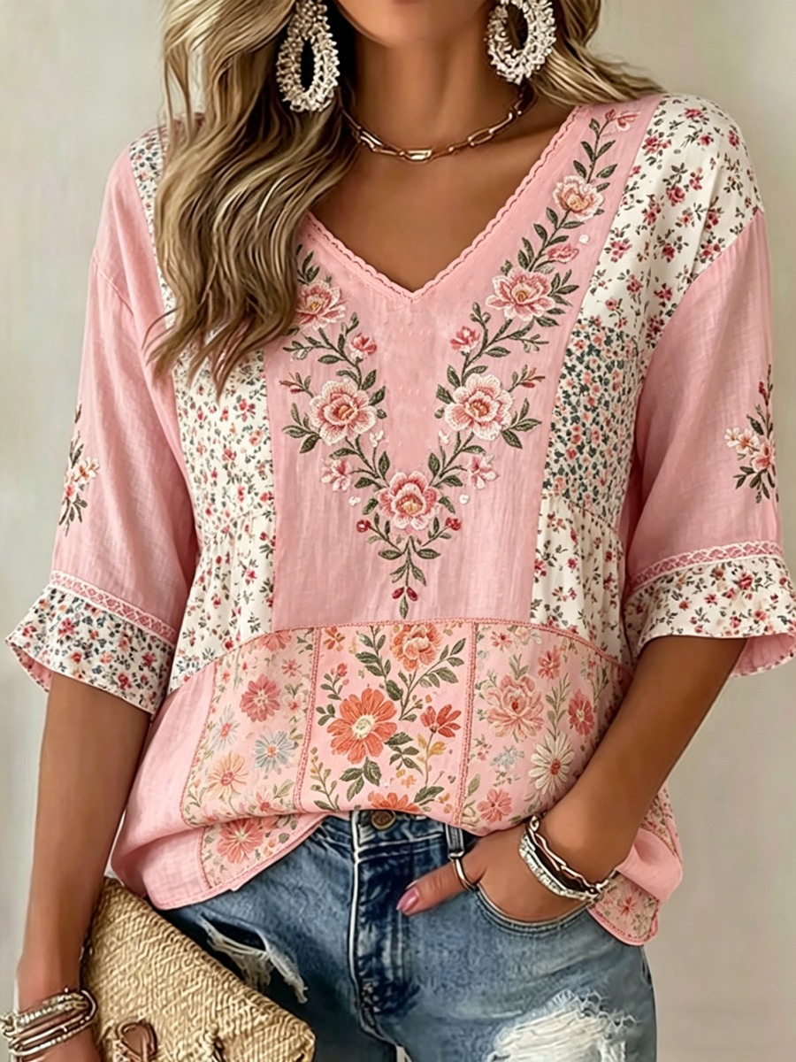 Women's Floral V-Neck Long-Sleeve T-Shirt
