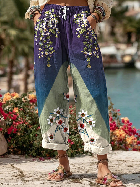 Women's linen blend leisure trousers with a floral pattern