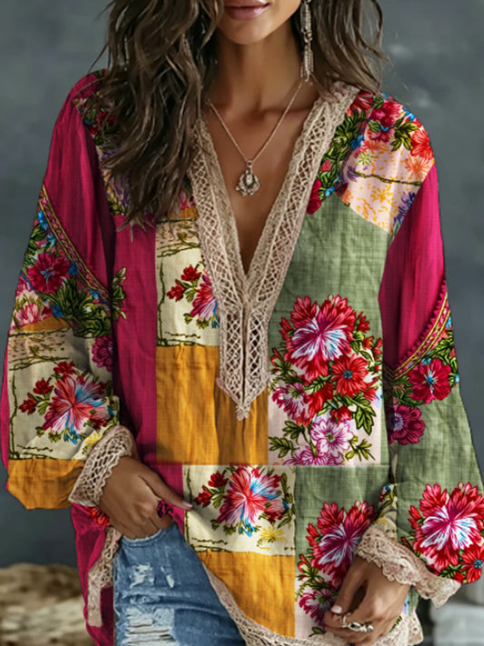 Women's bohemian style shirt with floral embroidery, contrasting colors, linen blend, V-neck and long sleeves