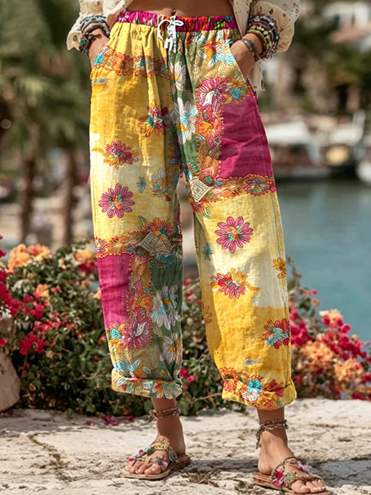Bohemian-style women's tie with floral embroidery, contrasting colors, and a linen blend – casual trousers