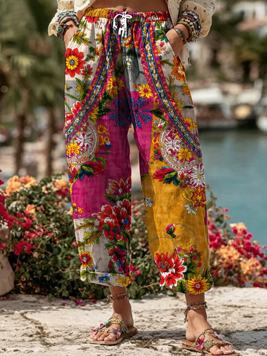 Bohemian-style women's tie with floral embroidery, contrasting colors, and a linen blend – casual trousers