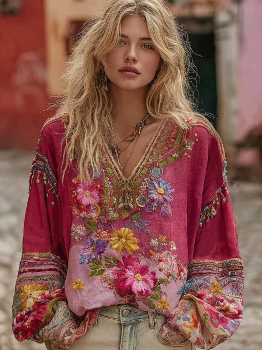 Women's Bohemian Floral Embroidered Colorblock Linen Blend V-Neck Shirt