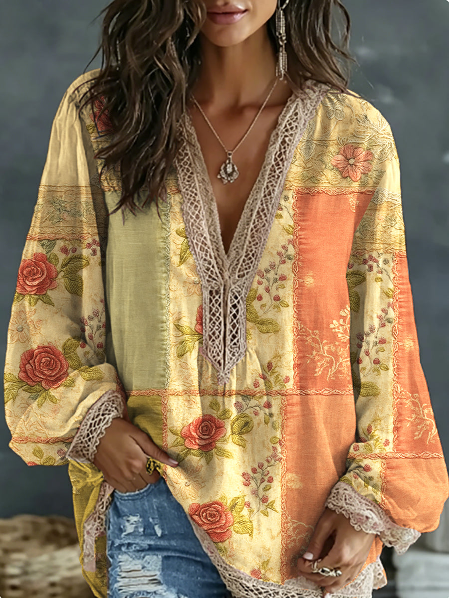 Boho style women's shirt with floral embroidery, contrasting colours, linen blend, V-neck, and long sleeves