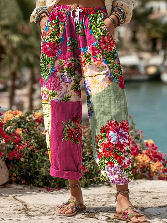 Bohemian-style women's tie with floral embroidery, contrasting colors, and a linen blend – casual trousers