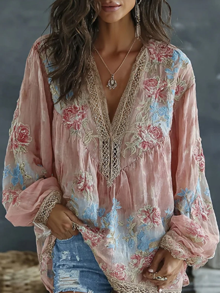 Women's Vintage Floral and Butterfly Embroidered Art Printed Flowy Linen Blend Relaxed Tops
