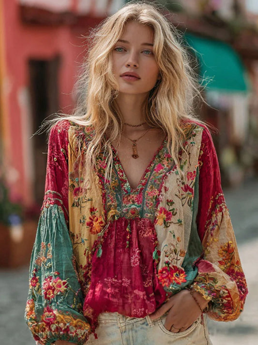 Women's bohemian floral embroidered color block linen blend V-neck shirt
