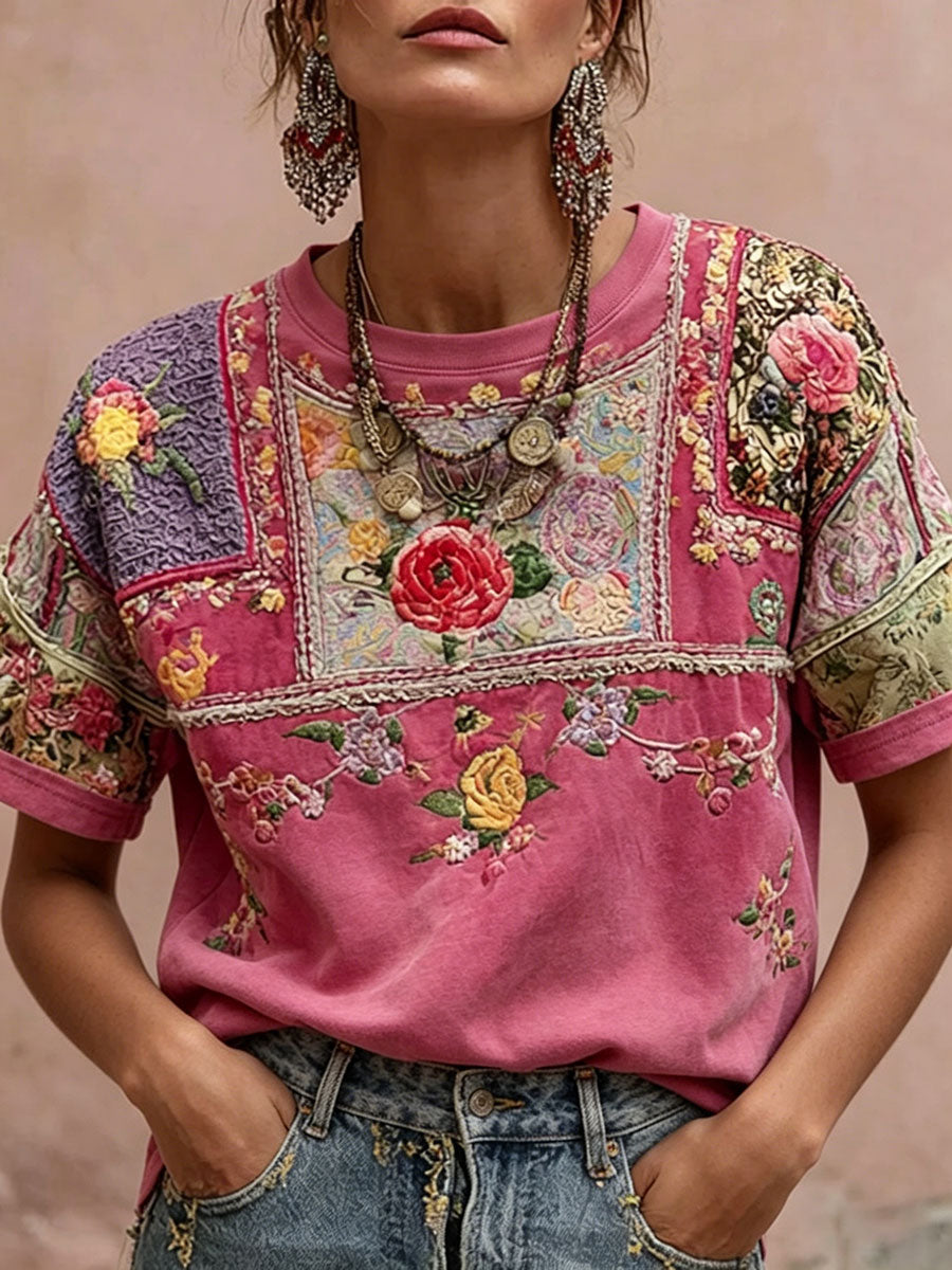 Dams rosa casual t-shirt med blommönster