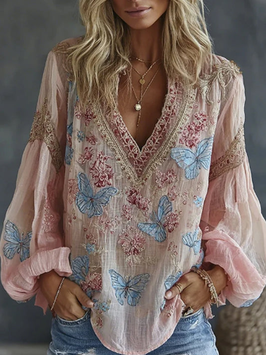 Women's Vintage Floral and Butterfly Embroidered Art Printed Flowy Linen Blend Relaxed Tops
