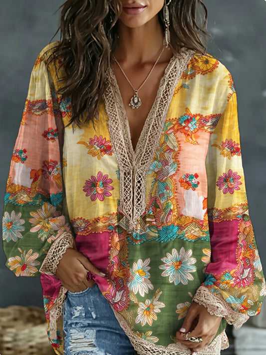 Boho style women's shirt with floral embroidery, contrasting colours, linen blend, V-neck, and long sleeves