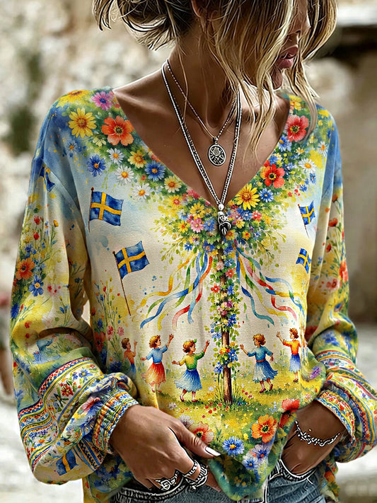 Women's Vintage Midsummer Floral Art Print Casual Cotton-Linen Top