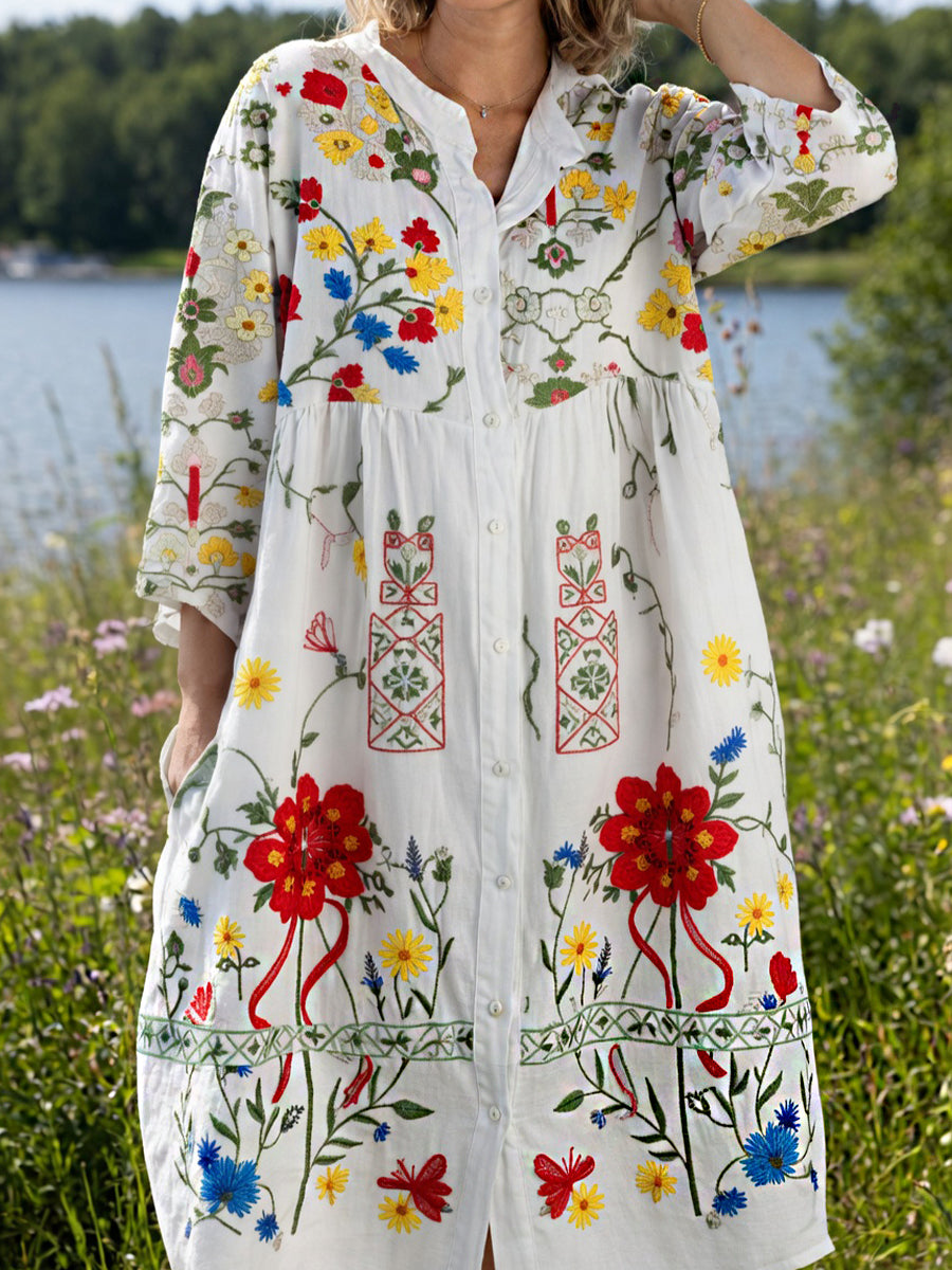 Women's Vintage Midsummer Floral Art Print Cotton Linen Loose Dress