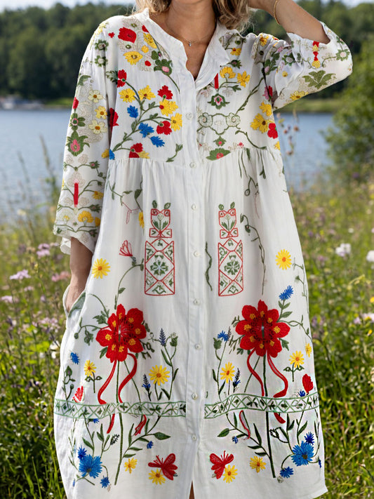 Women's Vintage Midsummer Floral Art Print Cotton Linen Loose Dress