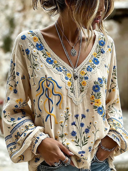 Women's Vintage Midsummer Floral Art Print Casual Cotton Linen Blend Top