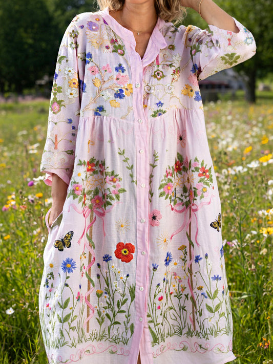 Women's Vintage Midsummer Floral Art Print Cotton Linen Loose Dress