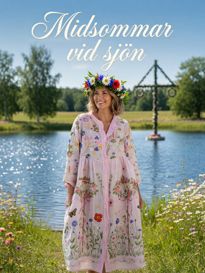 Women's Vintage Midsummer Floral Art Print Cotton Linen Loose Dress