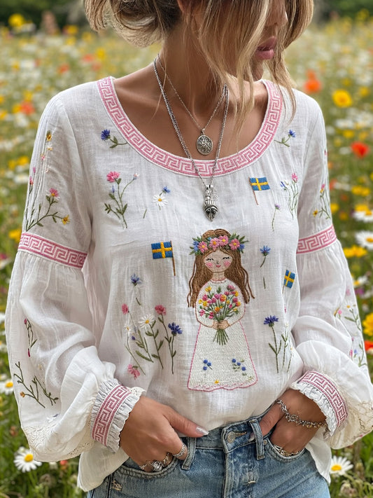 Women's Vintage Midsummer Floral Art Print Casual Cotton-Linen Blend Top