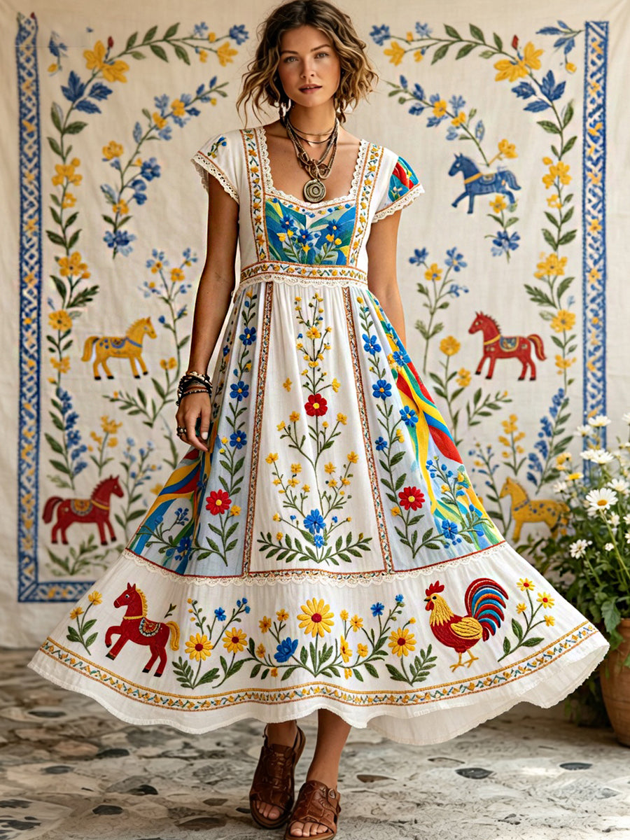 Women's Vintage Midsummer Floral Art Print Cotton Linen Loose Dress
