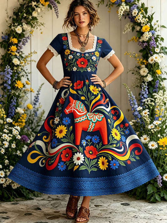 Women's Vintage Midsummer Floral Art Print Cotton Linen Loose Dress